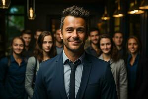 Ai Generative group of happy business man and business women, dressed in suits are smiling, in the office photo