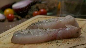 Professional chef sprinkles white fish steak with pepper. Close up slow motion video