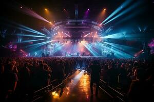 Ai generative Crowded Concert Stage Scenery With Spotlights and Colored Lights realistic image, ultra hd photo