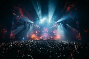 Ai generative Crowded Concert Stage Scenery With Spotlights and Colored Lights realistic image, ultra hd photo