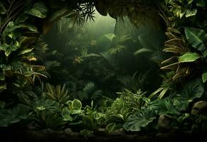 Ai Generative Beautiful jungle background with border made of tropical leaves backdrop with copy space photo