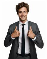Ai generative photo business concept portrait of excited man dressed in formal wear giving thumbs up