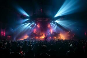 Ai generative Crowded Concert Stage Scenery With Spotlights and Colored Lights realistic image, ultra hd photo