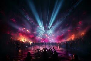 Ai generative Crowded Concert Stage Scenery With Spotlights and Colored Lights realistic image, ultra hd photo