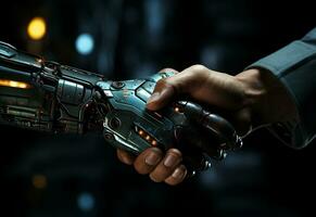 ai generativo apretón de manos, uno humano masculino mano, uno robot mano en un oficina antecedentes foto