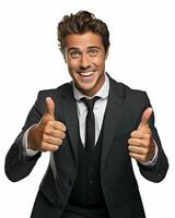 Ai generative photo business concept portrait of excited man dressed in formal wear giving thumbs up