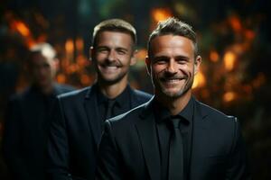 Ai Generative group of happy business man and business women, dressed in suits are smiling, in the office photo
