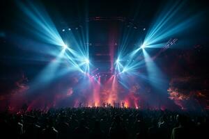 Ai generative Crowded Concert Stage Scenery With Spotlights and Colored Lights realistic image, ultra hd photo