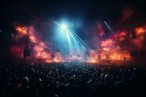 Ai generative Crowded Concert Stage Scenery With Spotlights and Colored Lights realistic image, ultra hd photo