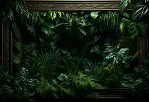 Ai Generative Beautiful jungle background with border made of tropical leaves backdrop with copy space photo