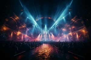 Ai generative Crowded Concert Stage Scenery With Spotlights and Colored Lights realistic image, ultra hd photo