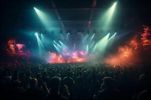Ai generative Crowded Concert Stage Scenery With Spotlights and Colored Lights realistic image, ultra hd photo