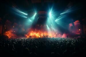Ai generative Crowded Concert Stage Scenery With Spotlights and Colored Lights realistic image, ultra hd photo