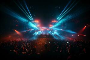 Ai generative Crowded Concert Stage Scenery With Spotlights and Colored Lights realistic image, ultra hd photo