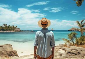 Ai generative back view young tourist man in summer dress and hat standing on beautiful sandy beach. enjoying. photo