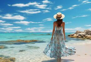 Ai generative young tourist woman in summer dress and hat standing on beautiful sandy beach. Cute girl enjoying photo