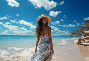 Ai generative young tourist woman in summer dress and hat standing on beautiful sandy beach. Cute girl enjoying photo