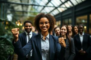 Ai Generative group of happy business man and business women, dressed in suits are smiling, in the office photo