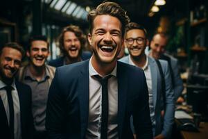 Ai Generative group of happy business man and business women, dressed in suits are smiling, in the office photo