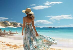 Ai generative young tourist woman in summer dress and hat standing on beautiful sandy beach. Cute girl enjoying photo