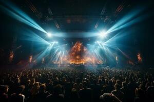 Ai generative Crowded Concert Stage Scenery With Spotlights and Colored Lights realistic image, ultra hd photo