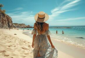 Ai generative young tourist woman in summer dress and hat standing on beautiful sandy beach. Cute girl enjoying photo