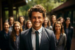 Ai Generative group of happy business man and business women, dressed in suits are smiling, in the office photo