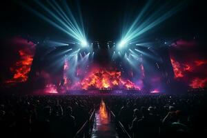 Ai generative Crowded Concert Stage Scenery With Spotlights and Colored Lights realistic image, ultra hd photo