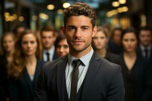 Ai Generative group of happy business man and business women, dressed in suits are smiling, in the office photo