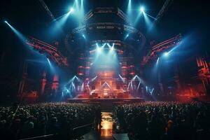 Ai generative Crowded Concert Stage Scenery With Spotlights and Colored Lights realistic image, ultra hd photo