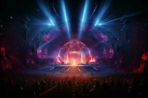 Ai generative Crowded Concert Stage Scenery With Spotlights and Colored Lights realistic image, ultra hd photo