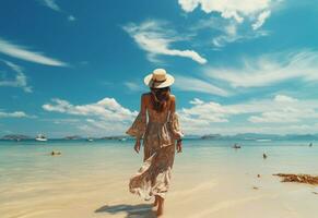 Ai generative young tourist woman in summer dress and hat standing on beautiful sandy beach. Cute girl enjoying photo