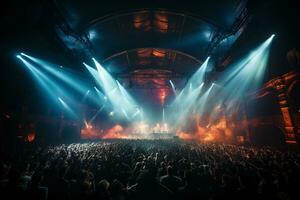 Ai generative Crowded Concert Stage Scenery With Spotlights and Colored Lights realistic image, ultra hd photo