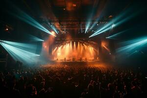 Ai generative Crowded Concert Stage Scenery With Spotlights and Colored Lights realistic image, ultra hd photo