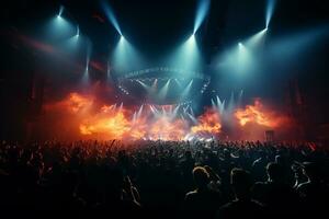 Ai generative Crowded Concert Stage Scenery With Spotlights and Colored Lights realistic image, ultra hd photo