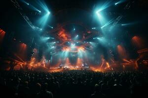 Ai generative Crowded Concert Stage Scenery With Spotlights and Colored Lights realistic image, ultra hd photo