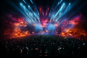 Ai generative Crowded Concert Stage Scenery With Spotlights and Colored Lights realistic image, ultra hd photo