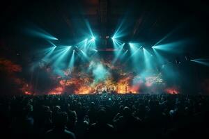 Ai generative Crowded Concert Stage Scenery With Spotlights and Colored Lights realistic image, ultra hd photo