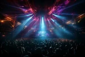 Ai generative Crowded Concert Stage Scenery With Spotlights and Colored Lights realistic image, ultra hd photo