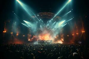 Ai generative Crowded Concert Stage Scenery With Spotlights and Colored Lights realistic image, ultra hd photo