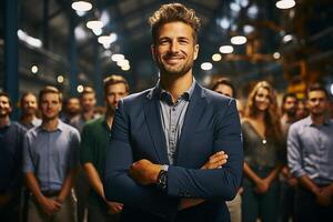 Ai Generative group of happy business man and business women, dressed in suits are smiling, in the office photo