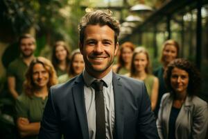 Ai Generative group of happy business man and business women, dressed in suits are smiling, in the office photo