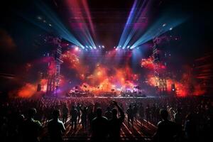 Ai generative Crowded Concert Stage Scenery With Spotlights and Colored Lights realistic image, ultra hd photo
