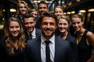 Ai Generative group of happy business man and business women, dressed in suits are smiling, in the office photo