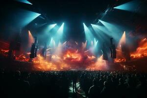 Ai generative Crowded Concert Stage Scenery With Spotlights and Colored Lights realistic image, ultra hd photo