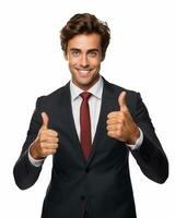 Ai generative photo business concept portrait of excited man dressed in formal wear giving thumbs up