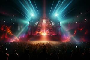 Ai generative Crowded Concert Stage Scenery With Spotlights and Colored Lights realistic image, ultra hd photo