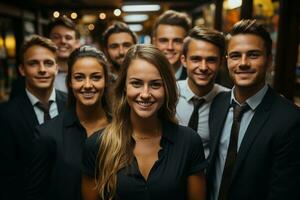 ai generativo grupo de contento negocio hombre y negocio mujer, vestido en trajes son sonriente, en el oficina foto