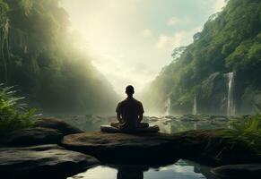 ai generativo foto de un hombre practicando atención plena y meditación en un pacífico natural ambiente sony a7s realista imagen, ultra alta definición, alto diseño muy detallado