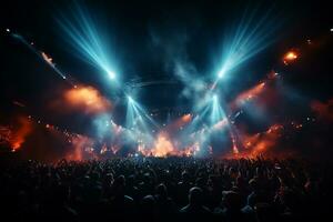 Ai generative Crowded Concert Stage Scenery With Spotlights and Colored Lights realistic image, ultra hd photo